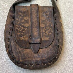 Vintage Hand Tooled Leather Satchel Shoulder Bag Purse Flower Floral Pattern